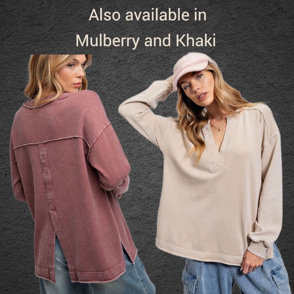 EASEL "All Good Things" Loose & Soft Mineral Washed Top V-Neck Side & Back Slits - Picture 16 of 16